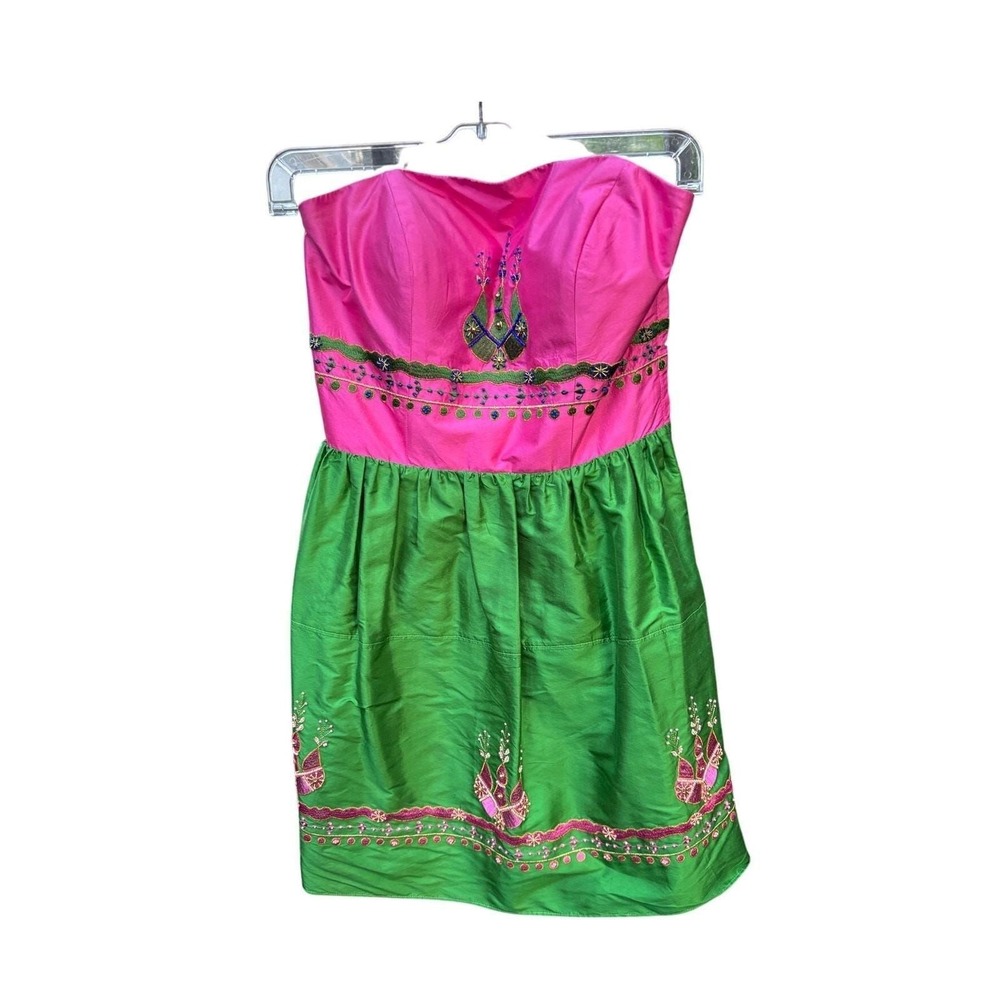 Rare Betsey Johnson Silk Strapless Dress Y2K Fairycore Pink Green Embroidered